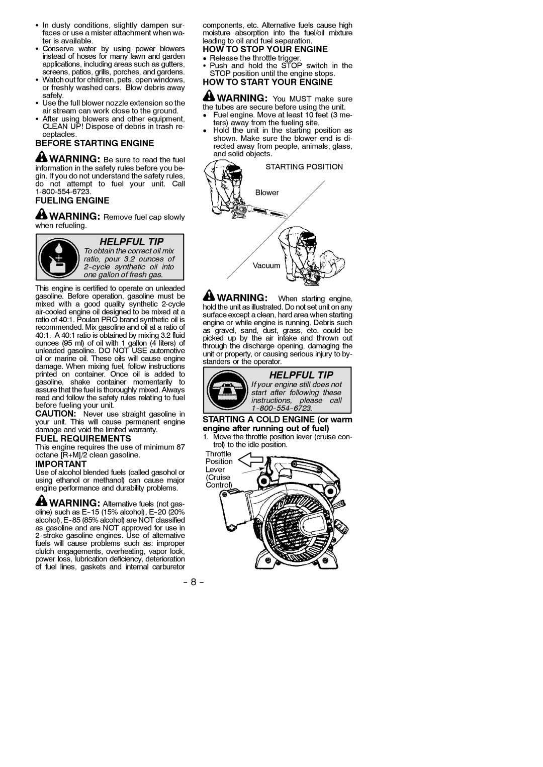 Poulan 545177387 Before Starting Engine Fueling Engine, Fuel Requirements, HOW to Stop Your Engine, Blower Vacuum 