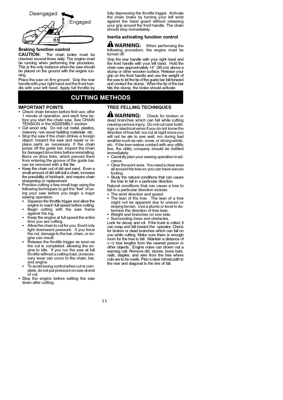 Poulan 545186802 Cutting Methods, Braking function control, Inertia activating function control, Important Points 