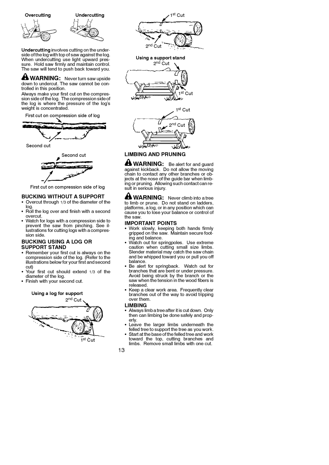 Poulan 545186802 Bucking Without a Support, Bucking Using a LOG or Support Stand, Limbing and Pruning Important Points 