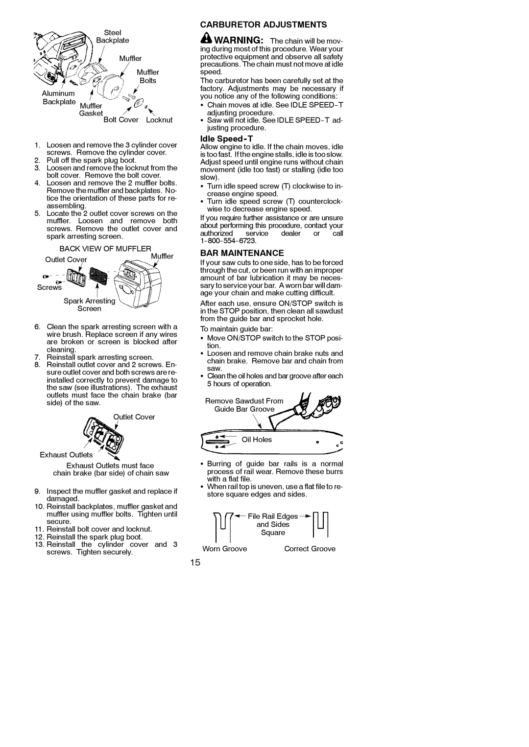 Poulan 545186802 instruction manual Carburetor Adjustments, Idle Speed-T, BAR Maintenance, Back View of Muffler 