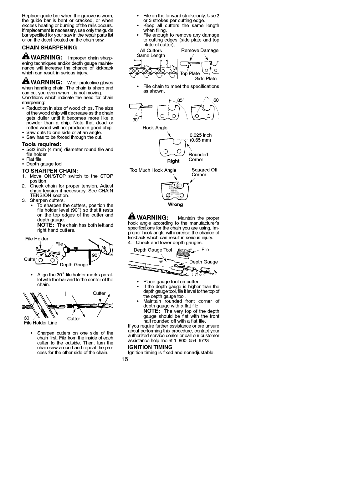 Poulan 545186802 instruction manual Chain Sharpening, Tools required, To Sharpen Chain, Ignition Timing 