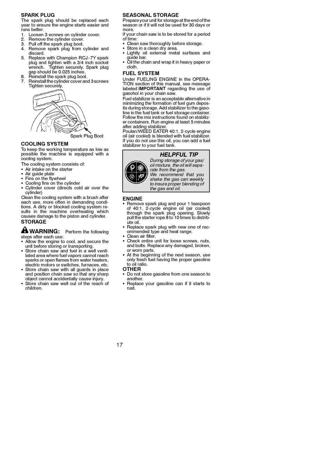 Poulan 545186802 instruction manual Storage 