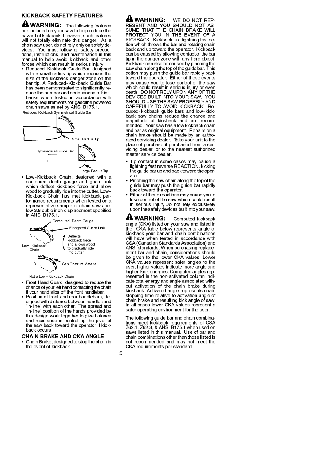 Poulan 545186802 instruction manual Kickback Safety Features, Chain Brake and CKA Angle 