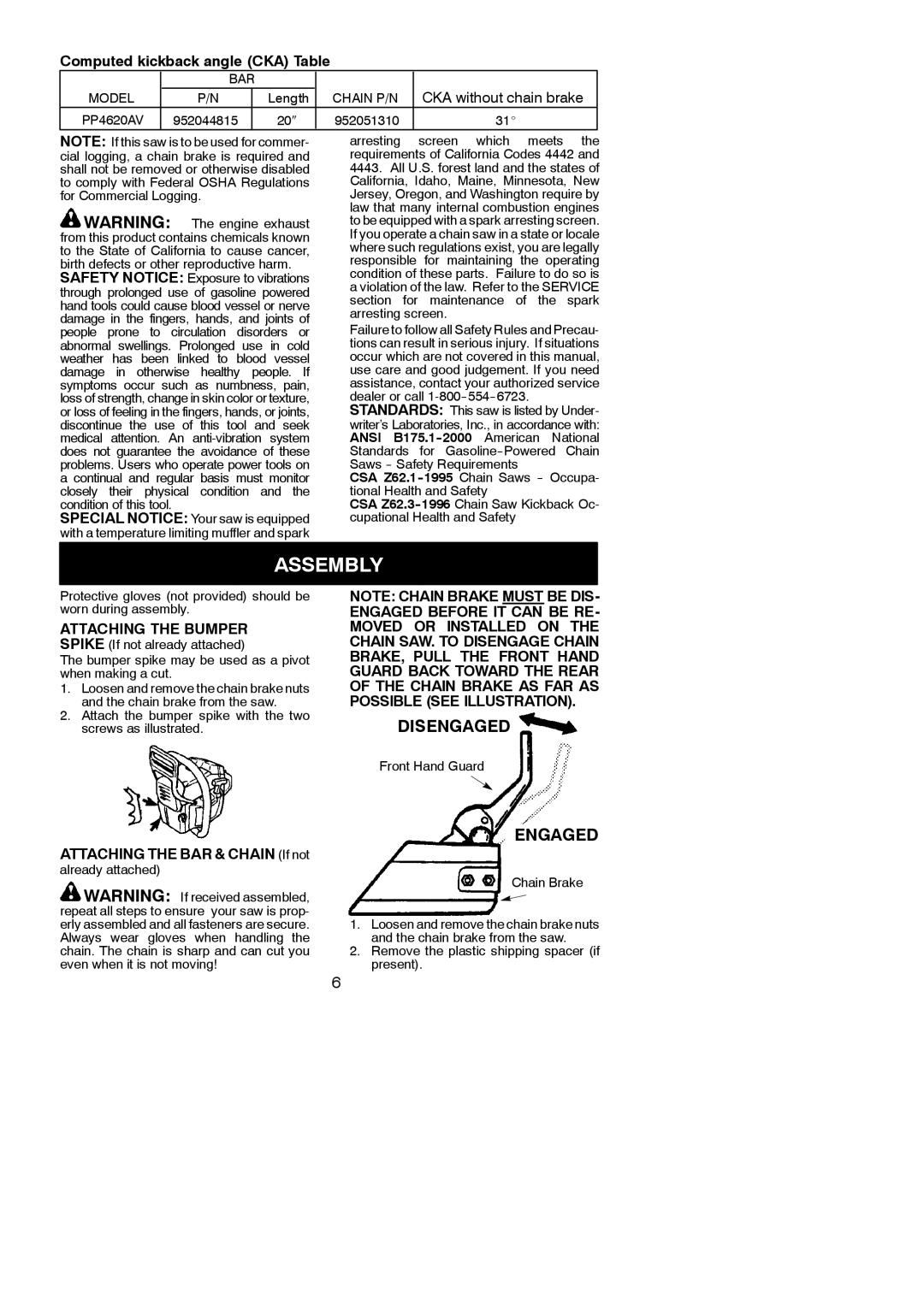 Poulan 545186802 Assembly, Computed kickback angle CKA Table, Attaching the Bumper Spike If not already attached 