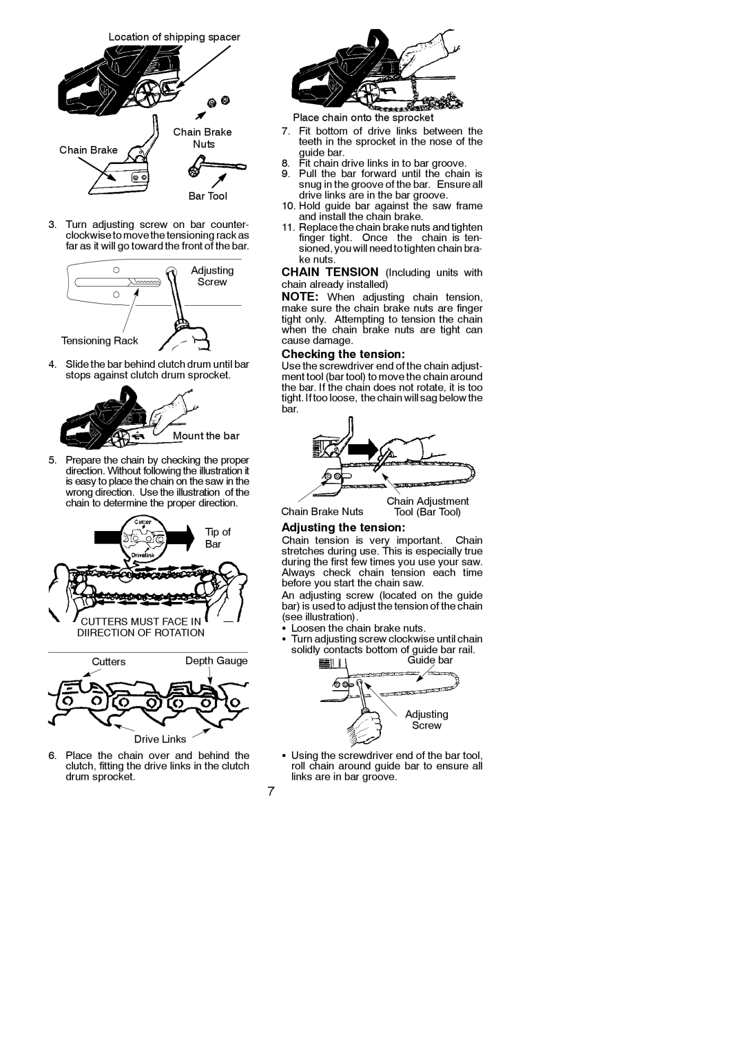 Poulan 545186802 Checking the tension, Adjusting the tension, Adjusting Screw Tensioning Rack, Tip Bar, Cutters 