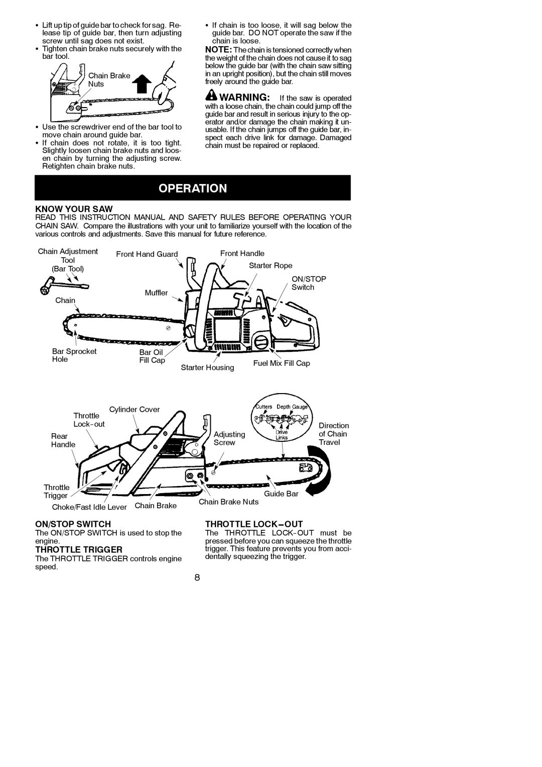 Poulan 545186802 instruction manual Operation, Know Your SAW, ON/STOP Switch, Throttle Trigger, Throttle LOCK---OUT 