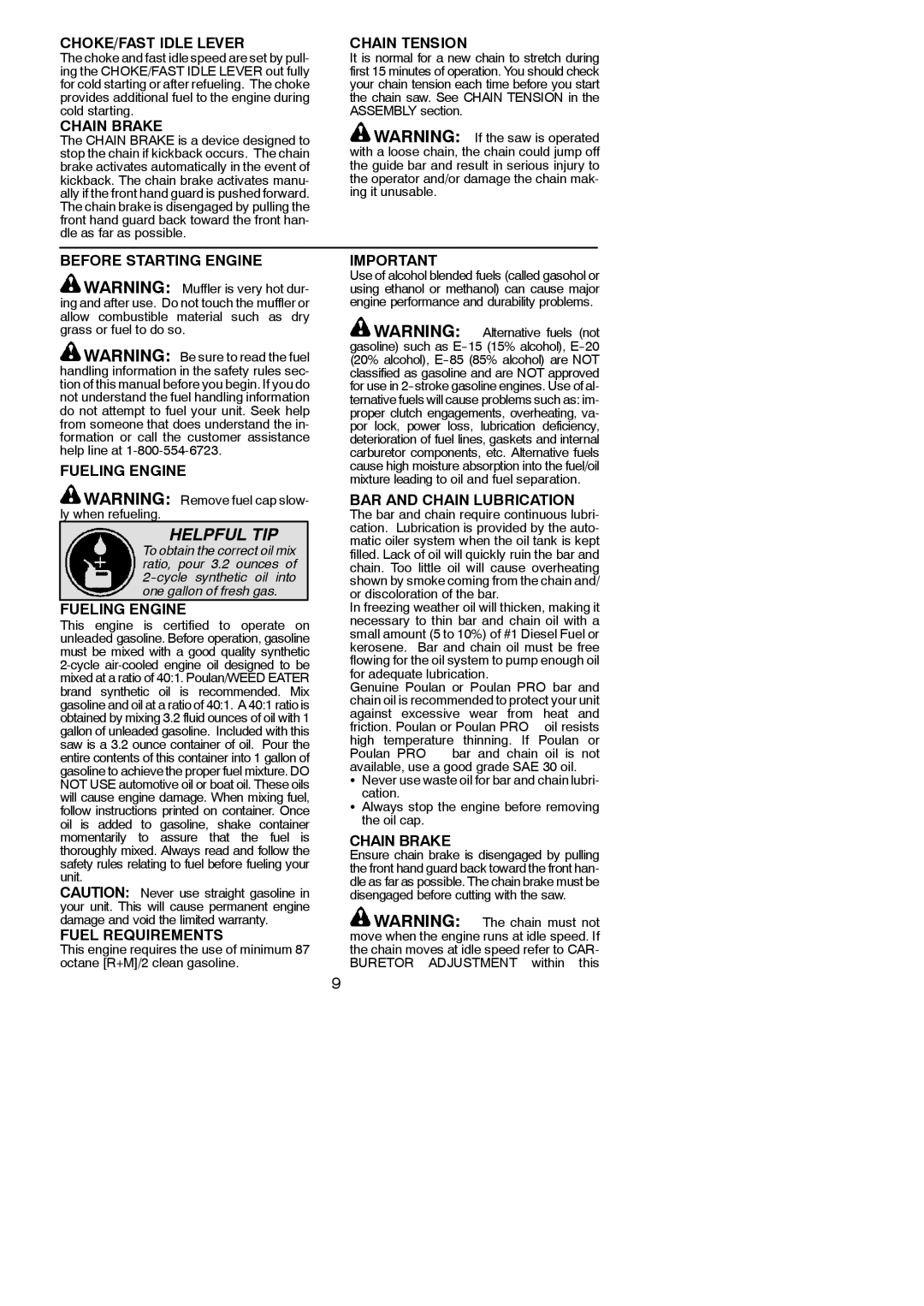 Poulan 545186802 instruction manual CHOKE/FAST Idle Lever, Chain Brake, Chain Tension 