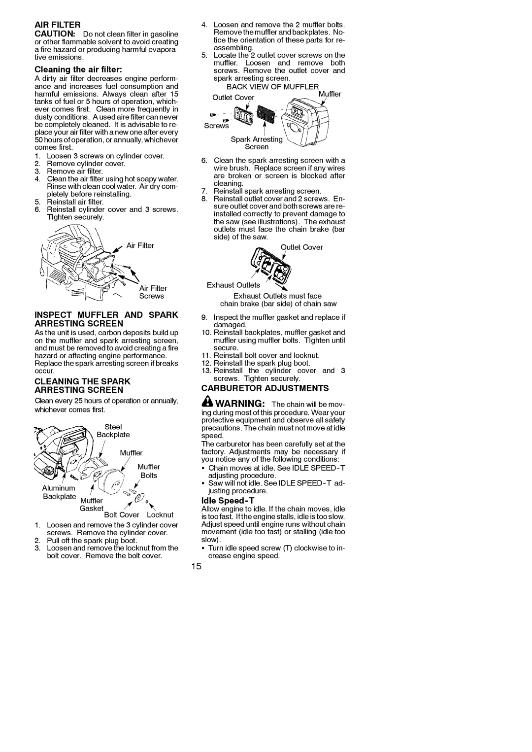 Poulan 545186803 AIR Filter, Cleaning the air filter, Inspect Muffler and Spark Arresting Screen, Carburetor Adjustments 