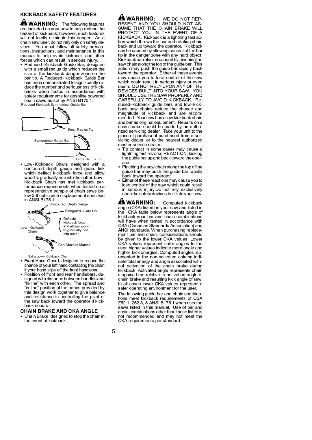 Poulan 545186803 instruction manual Kickback Safety Features, Chain Brake and CKA Angle 