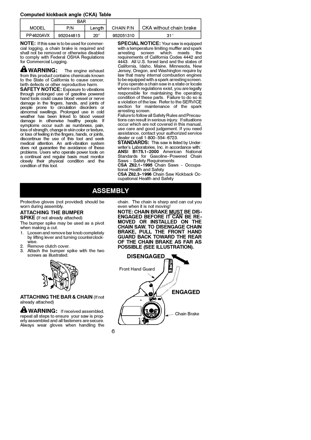 Poulan 545186803 Assembly, Computed kickback angle CKA Table, Attaching the Bumper Spike If not already attached 