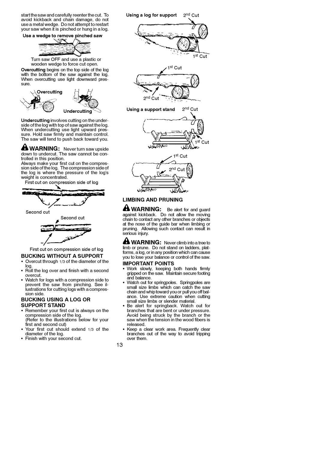 Poulan 545186804 Bucking Without a Support, Bucking Using a LOG or Support Stand, Limbing and Pruning Important Points 