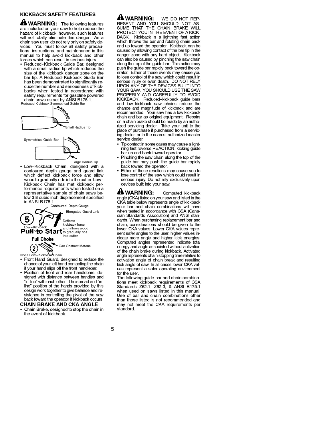 Poulan 545186804 instruction manual Kickback Safety Features, Chain Brake and CKA Angle, Chain saws as set by Ansi B175.1 