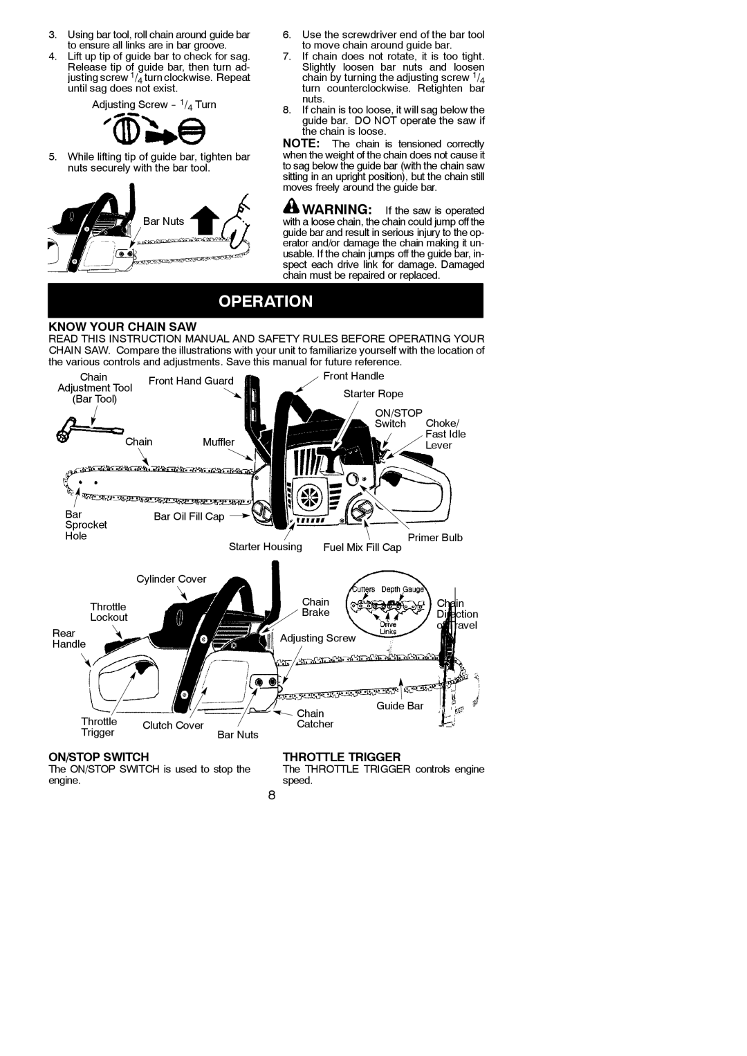 Poulan 545186804 instruction manual Operation, Know Your Chain SAW, ON/STOP Switch Throttle Trigger 