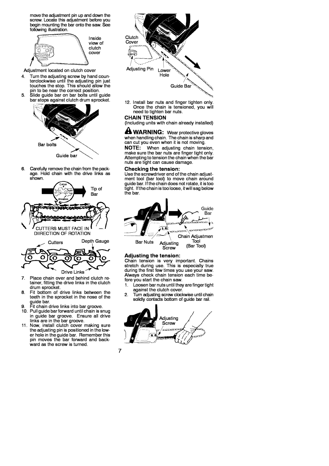 Poulan 545186804 instruction manual Chain Tension, Checking the tension, Adjusting the tension 