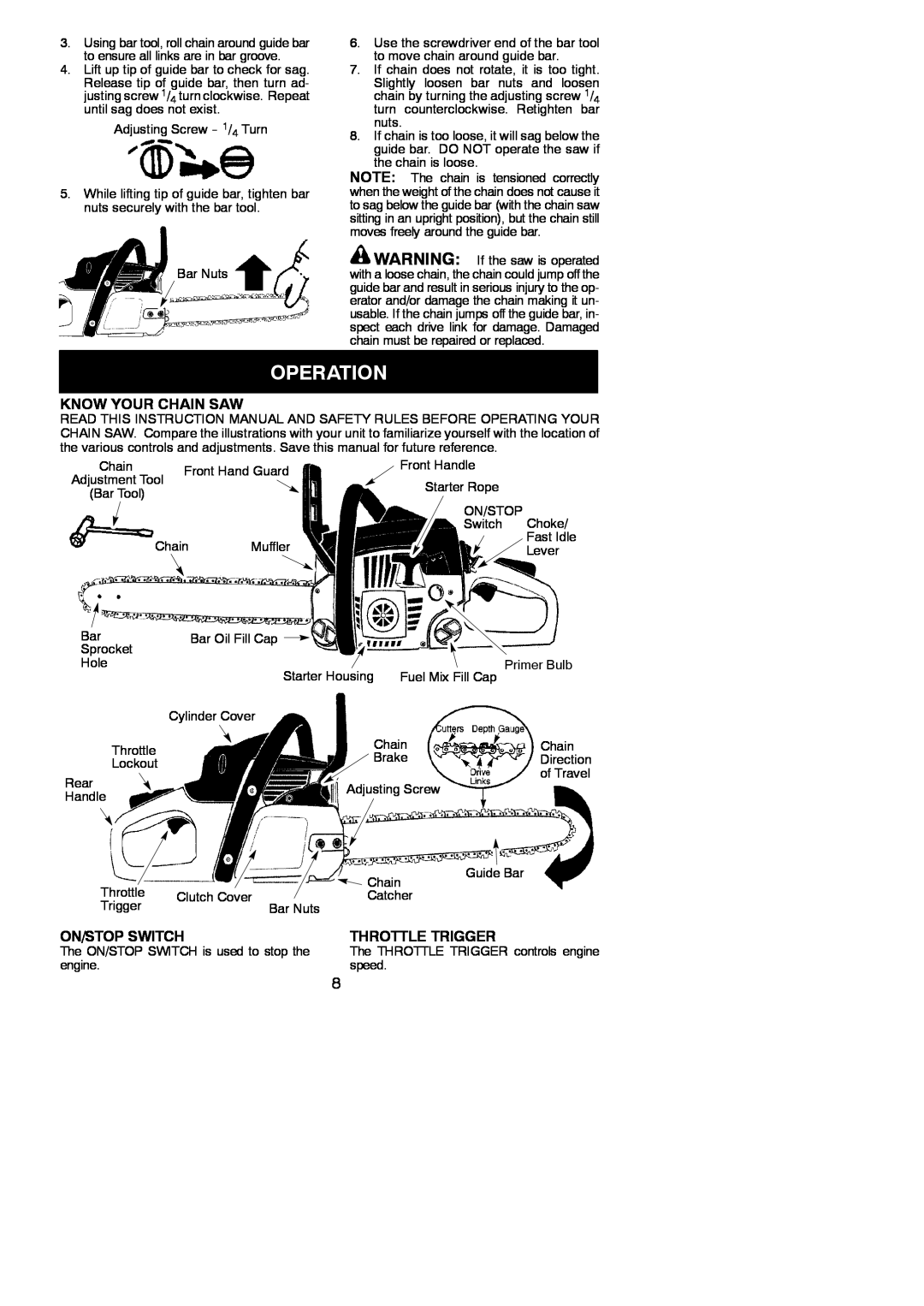Poulan 545186804 instruction manual Operation, Know Your Chain Saw, On/Stop Switch, Throttle Trigger 