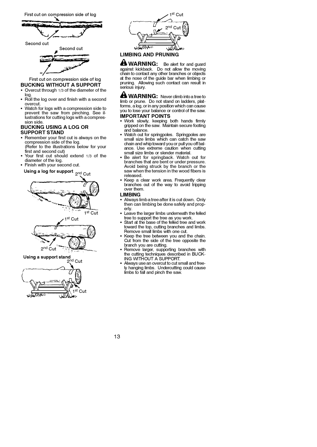 Poulan 545186805 Bucking Without a Support, Bucking Using a LOG or Support Stand, Limbing and Pruning Important Points 