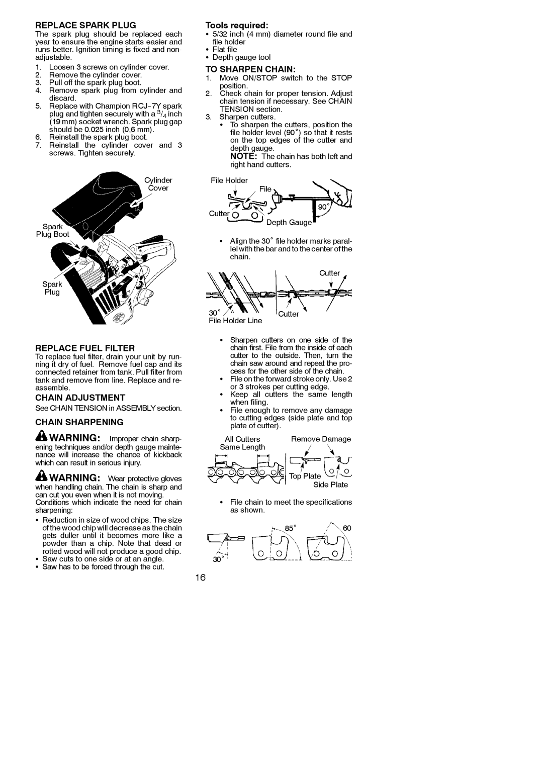 Poulan 545186805 Replace Spark Plug, To Sharpen Chain, Replace Fuel Filter, Chain Adjustment, Chain Sharpening 