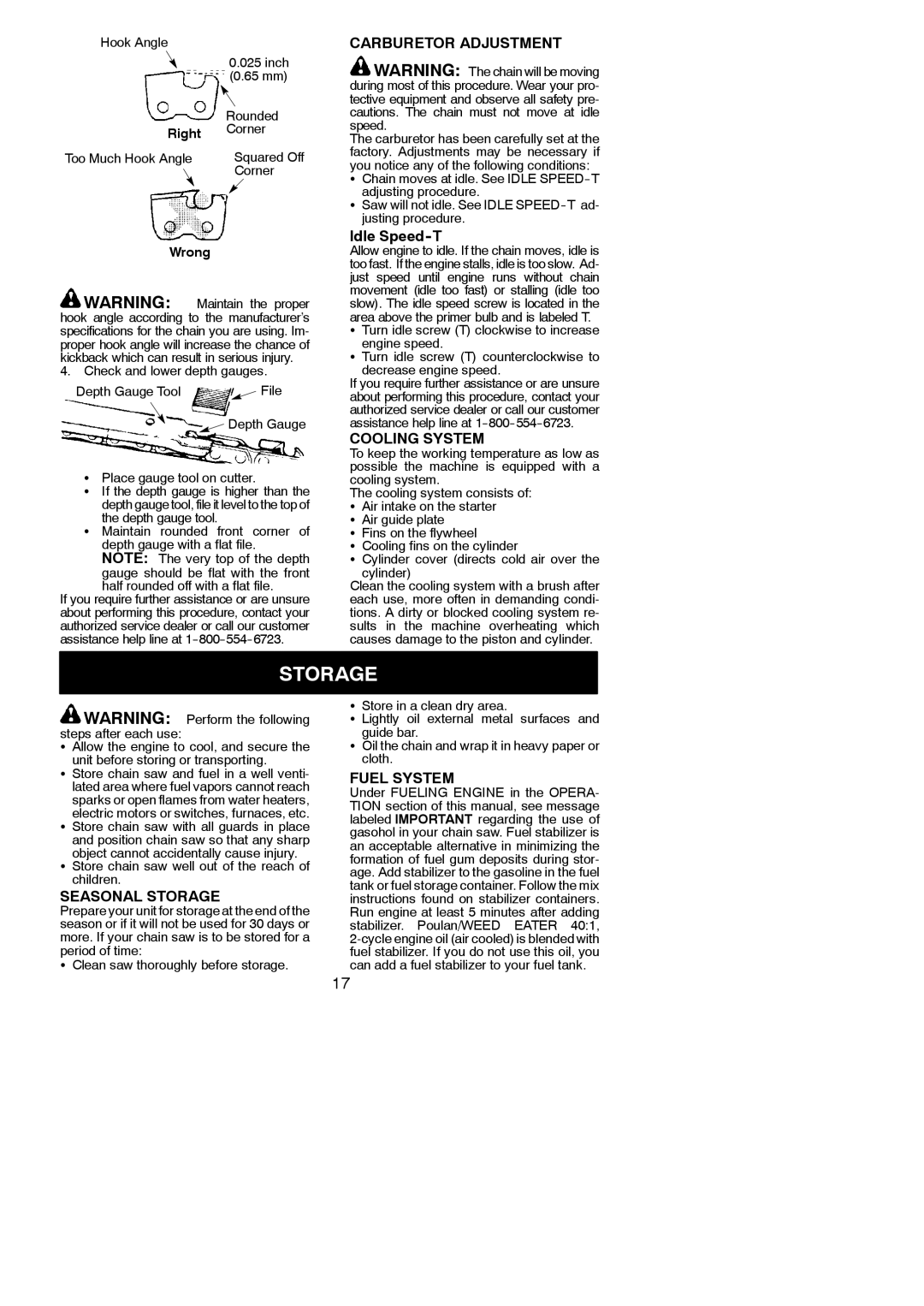 Poulan 545186805 instruction manual Carburetor Adjustment, Cooling System, Seasonal Storage, Fuel System 