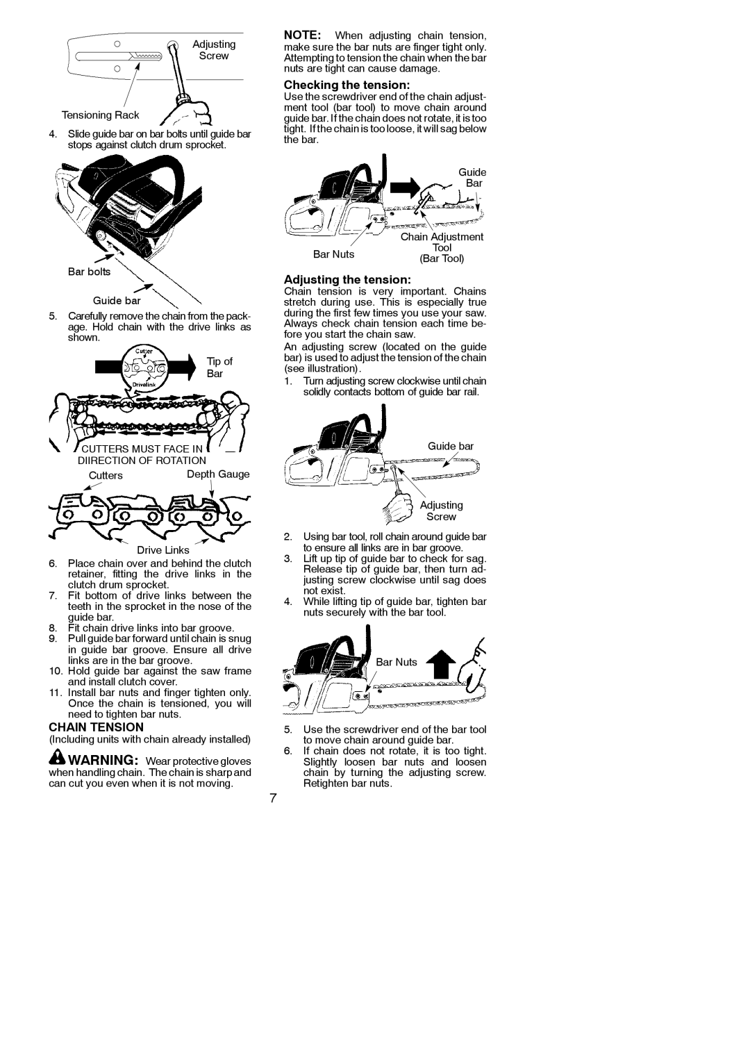 Poulan 545186805 instruction manual Chain Tension, Checking the tension, Adjusting the tension 