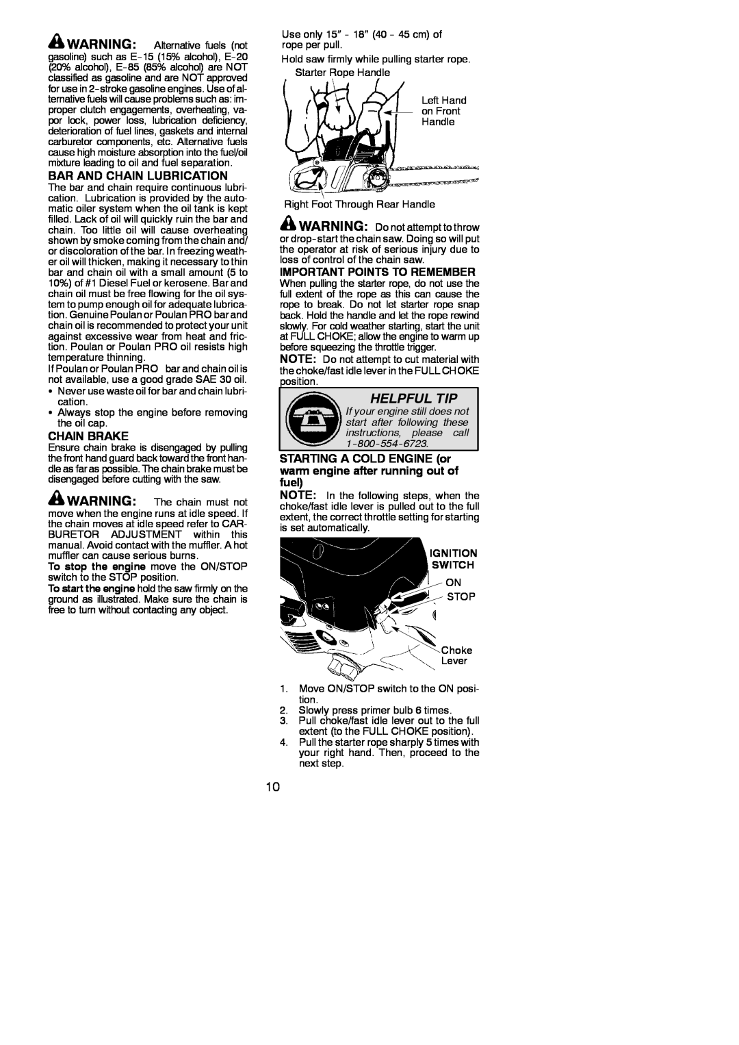 Poulan 545186807 Helpful Tip, Bar And Chain Lubrication, Chain Brake, Important Points To Remember, Ignition Switch 