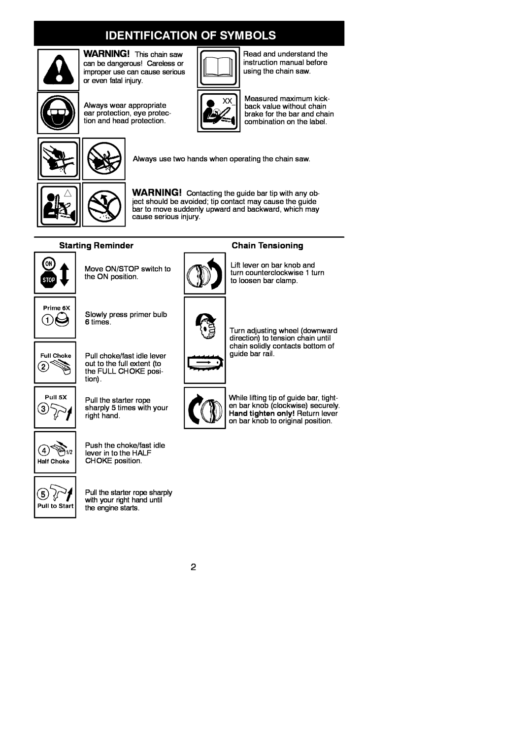 Poulan 545186807 instruction manual Identification Of Symbols, Starting Reminder, Chain Tensioning 