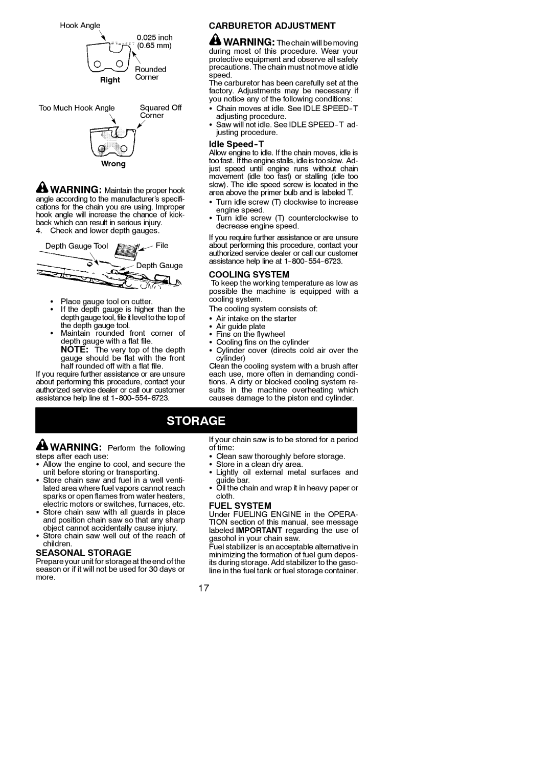 Poulan 952802143, 545186808 instruction manual Carburetor Adjustment, Cooling System, Seasonal Storage, Fuel System 