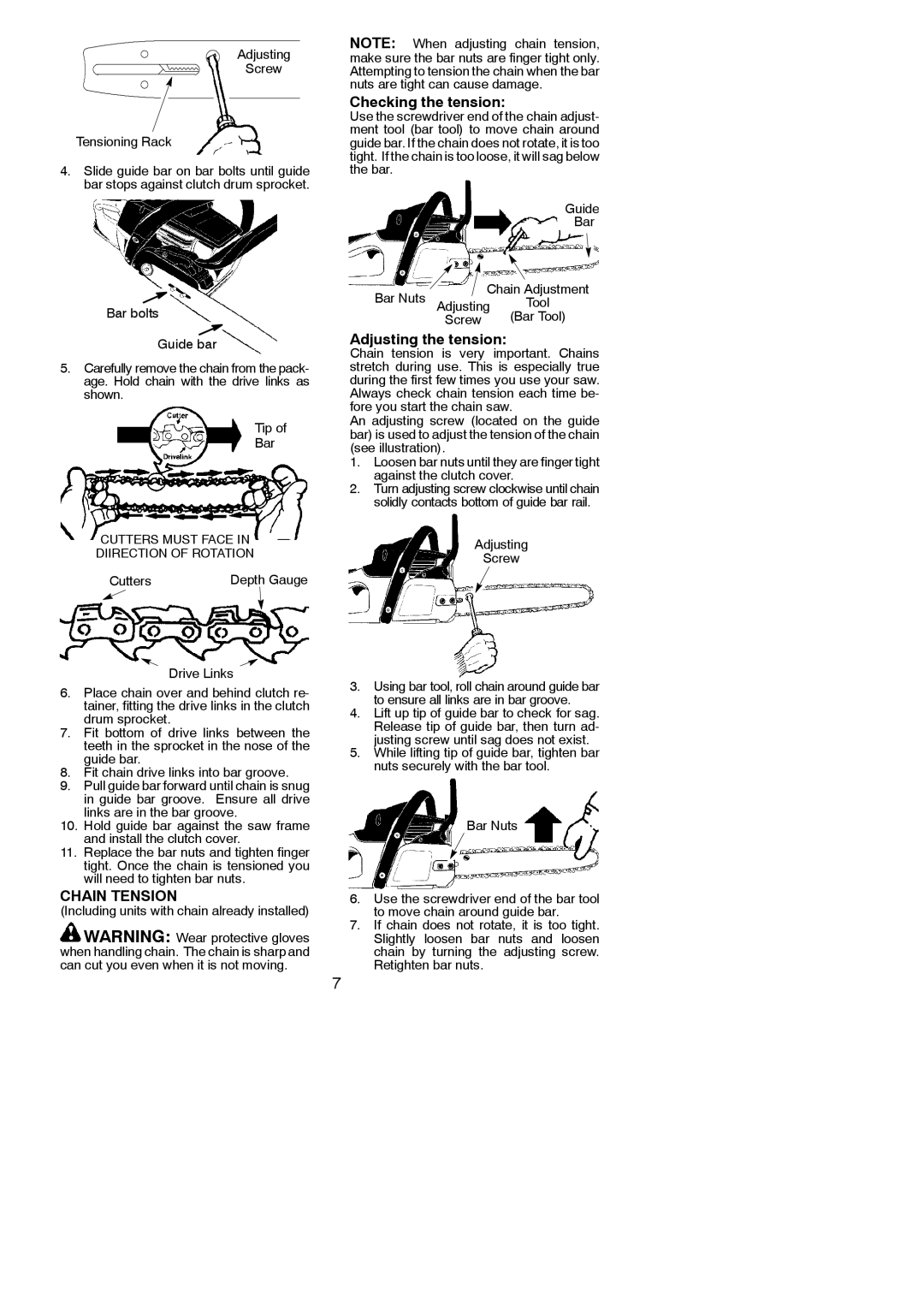 Poulan 952802143, 545186808 instruction manual Chain Tension, Checking the tension, Adjusting the tension 