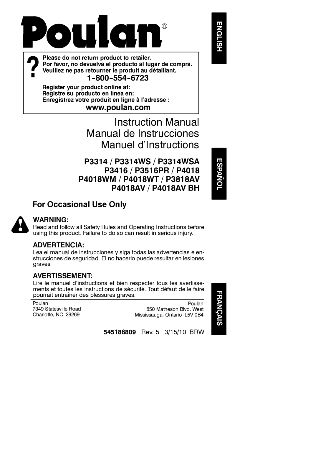 Poulan 952802151, 545186809 instruction manual Manual de Instrucciones Manuel d’Instructions 