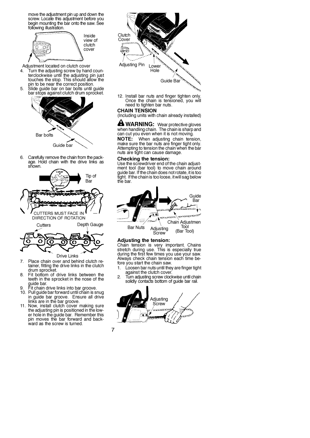 Poulan 952802151, 545186809 instruction manual Chain Tension, Checking the tension, Adjusting the tension 