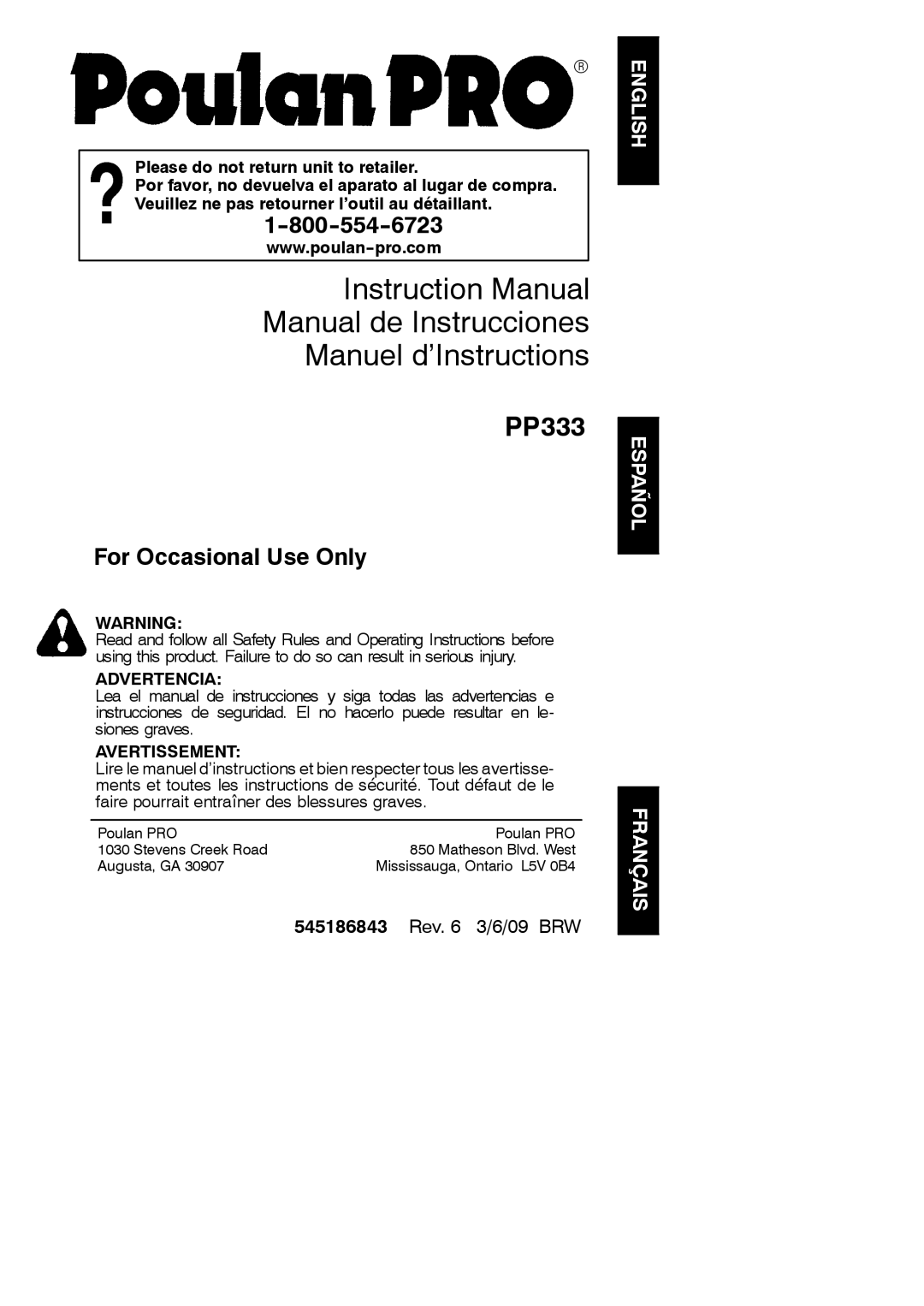 Poulan 545186843 instruction manual Manual de Instrucciones Manuel d’Instructions, English Español Français 