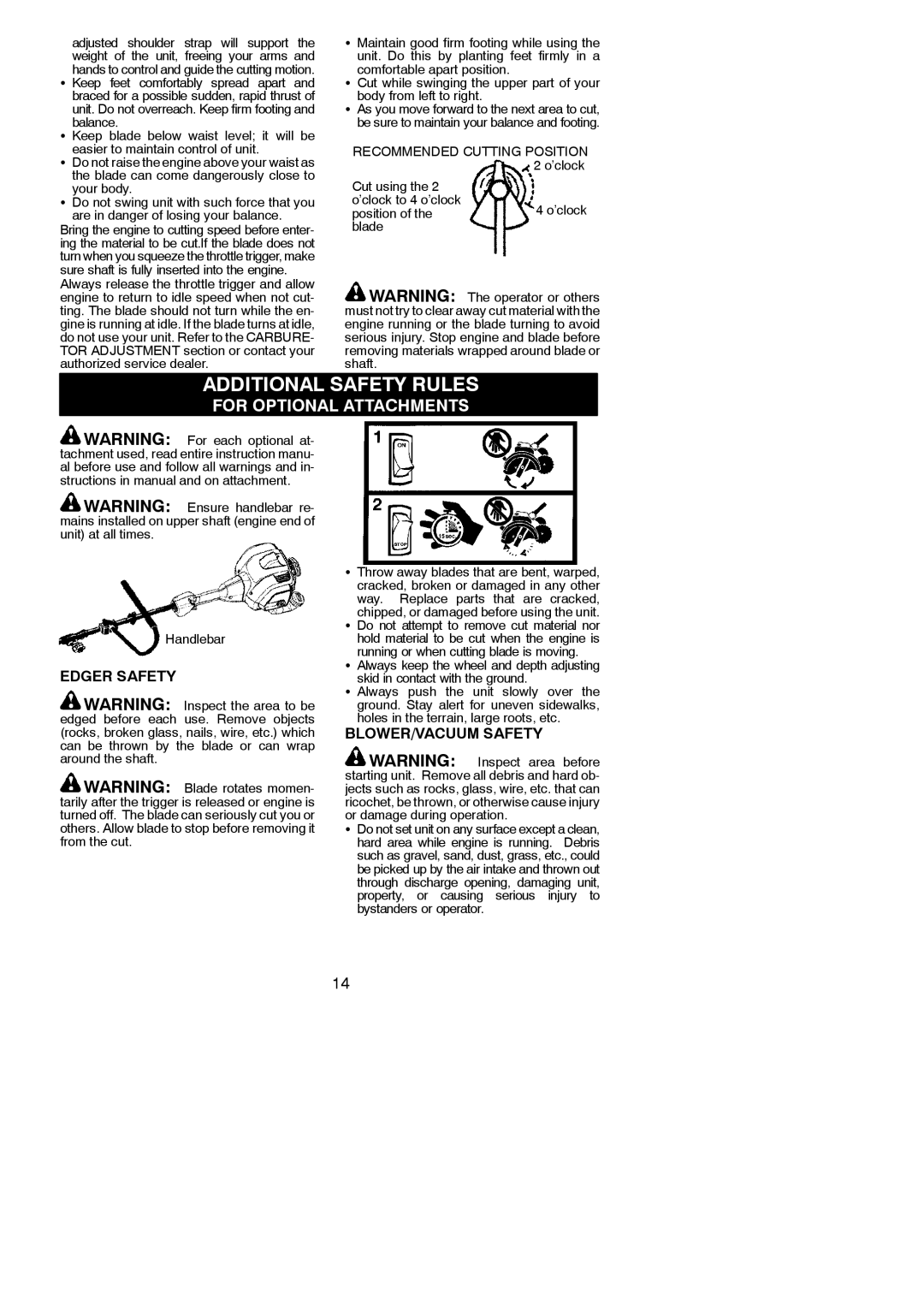 Poulan 545186843 Additional Safety Rules, Edger Safety, BLOWER/VACUUM Safety, Recommended Cutting Position 