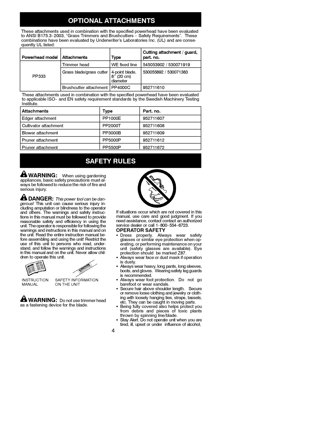 Poulan 545186843 Optional Attachments, Safety Rules, Operator Safety, Powerhead model Attachments Type Part. no 