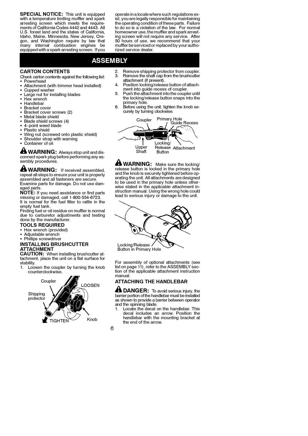 Poulan 545186843 Assembly, Carton Contents, Tools Required, Installing Brushcutter Attachment, Attaching the Handlebar 