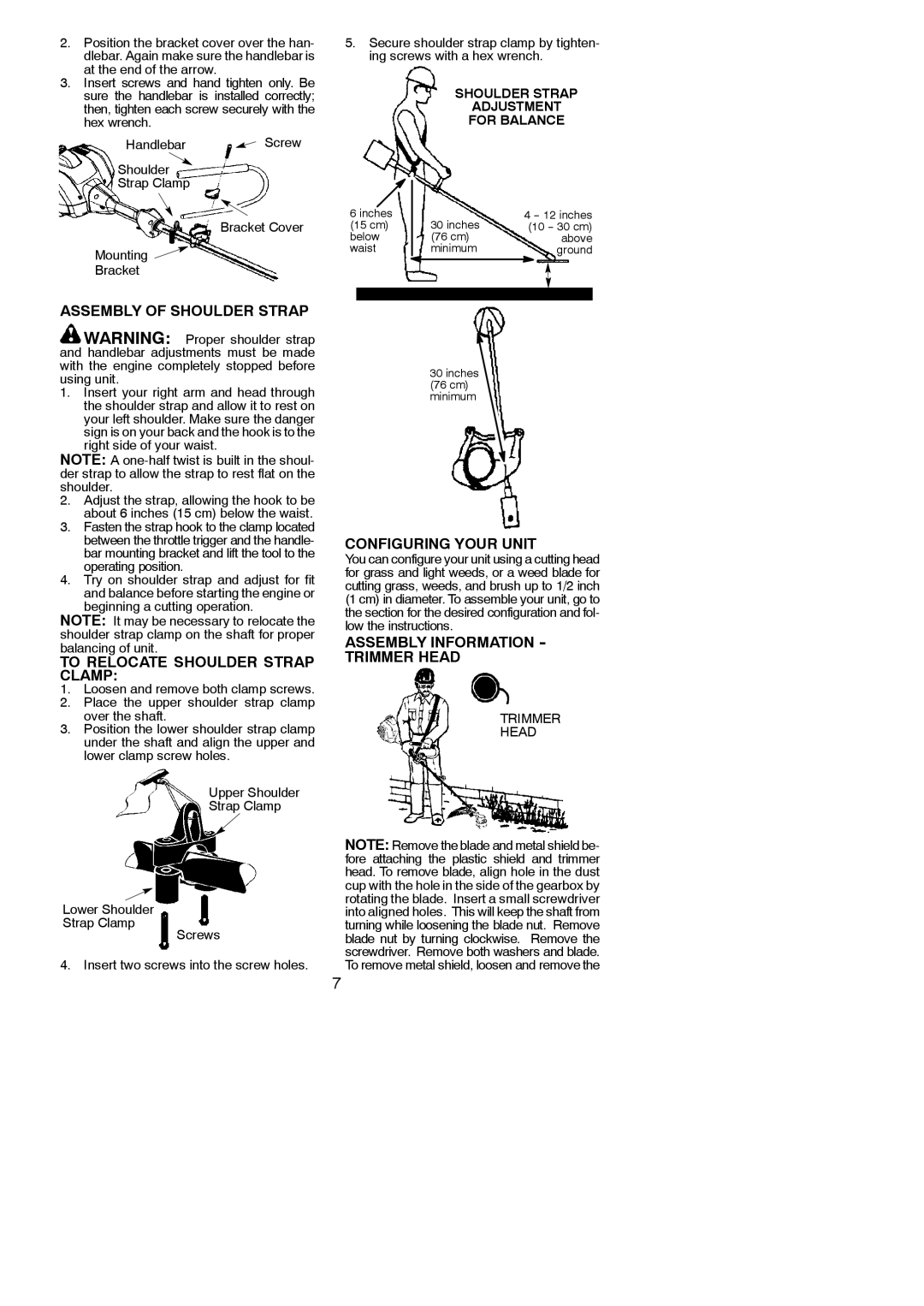 Poulan 545186843 Assembly of Shoulder Strap, To Relocate Shoulder Strap Clamp, Configuring Your Unit, Trimmer Head 