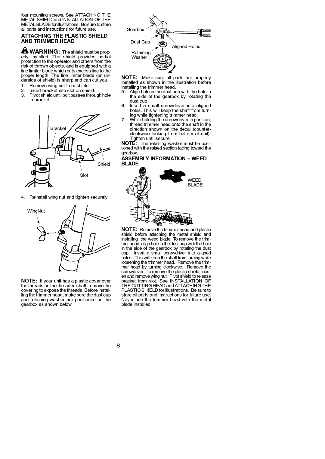 Poulan 545186843 instruction manual Attaching the Plastic Shield and Trimmer Head, Assembly Information Weed Blade 