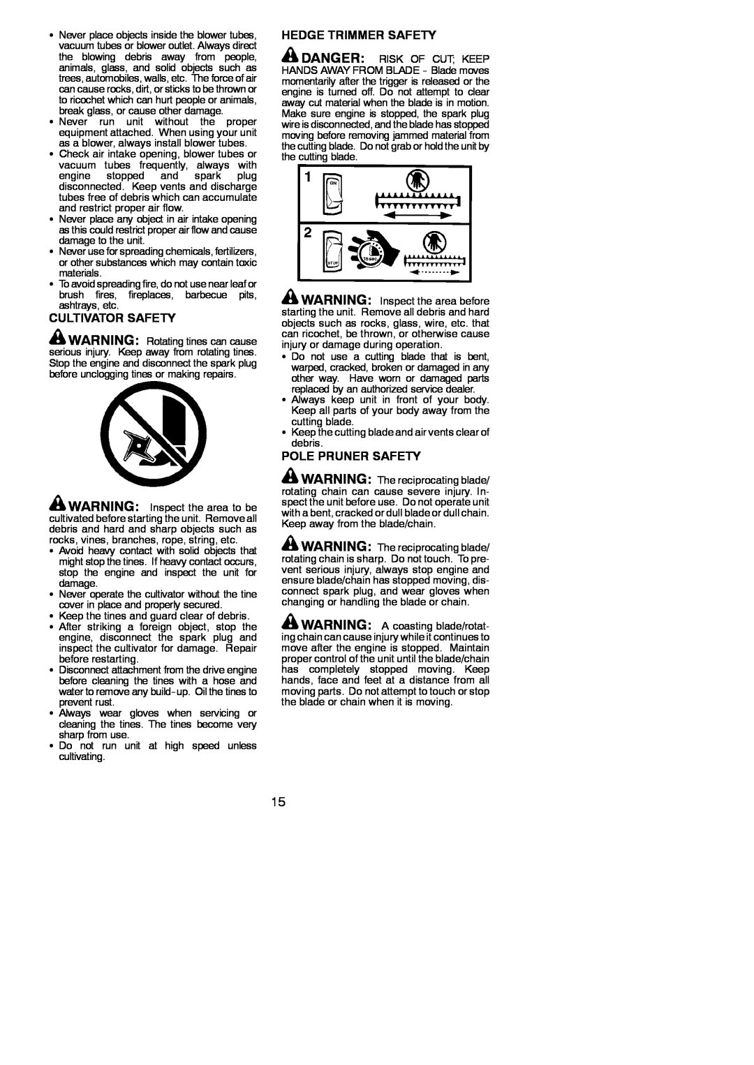 Poulan 545186843 instruction manual Cultivator Safety, Hedge Trimmer Safety, Pole Pruner Safety 
