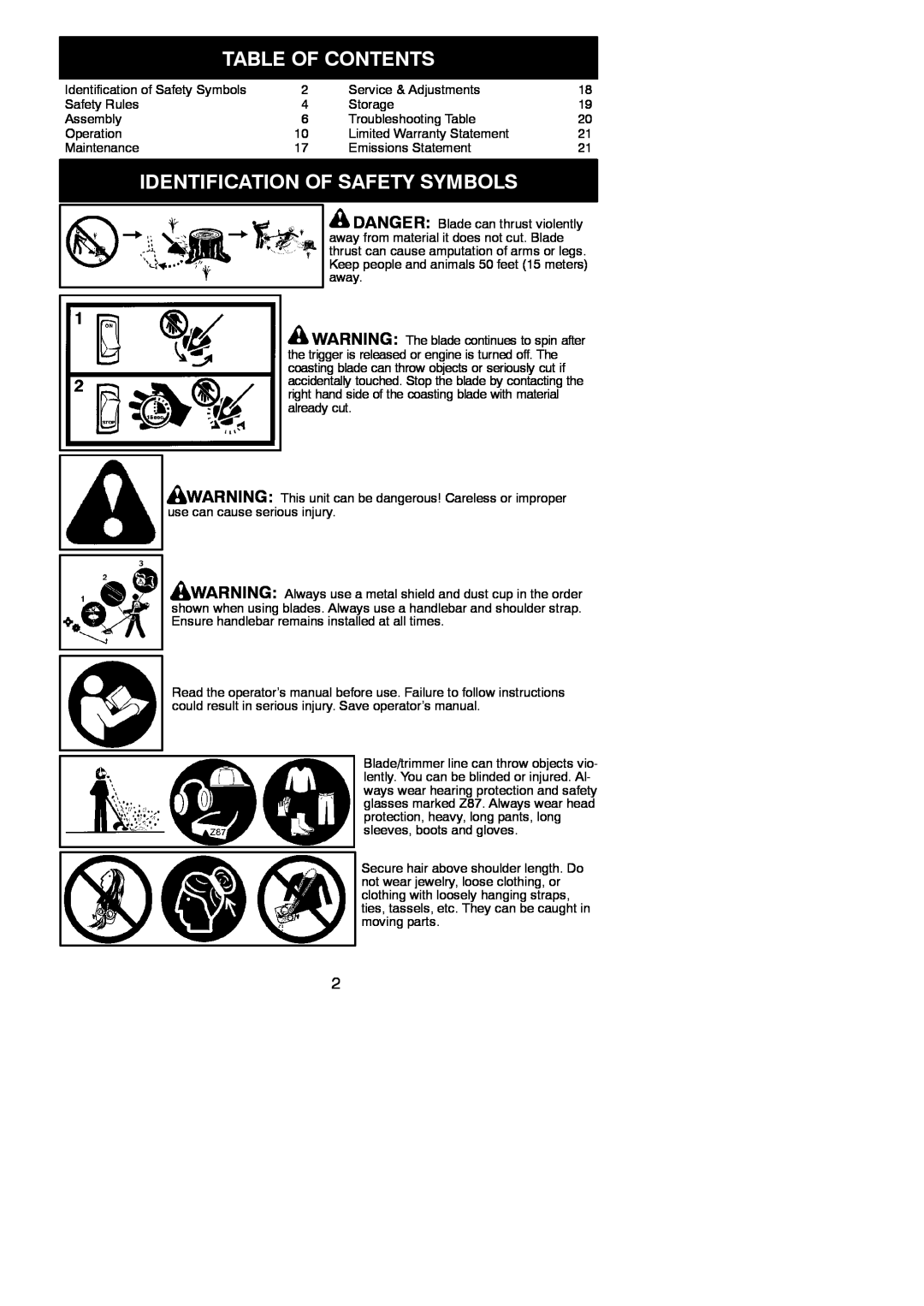 Poulan 545186843 instruction manual Table Of Contents, Identification Of Safety Symbols 