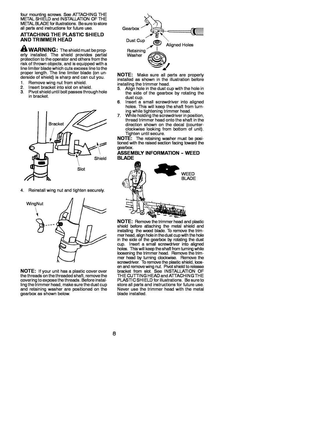 Poulan 545186843 instruction manual Attaching The Plastic Shield And Trimmer Head, Assembly Information - Weed Blade 