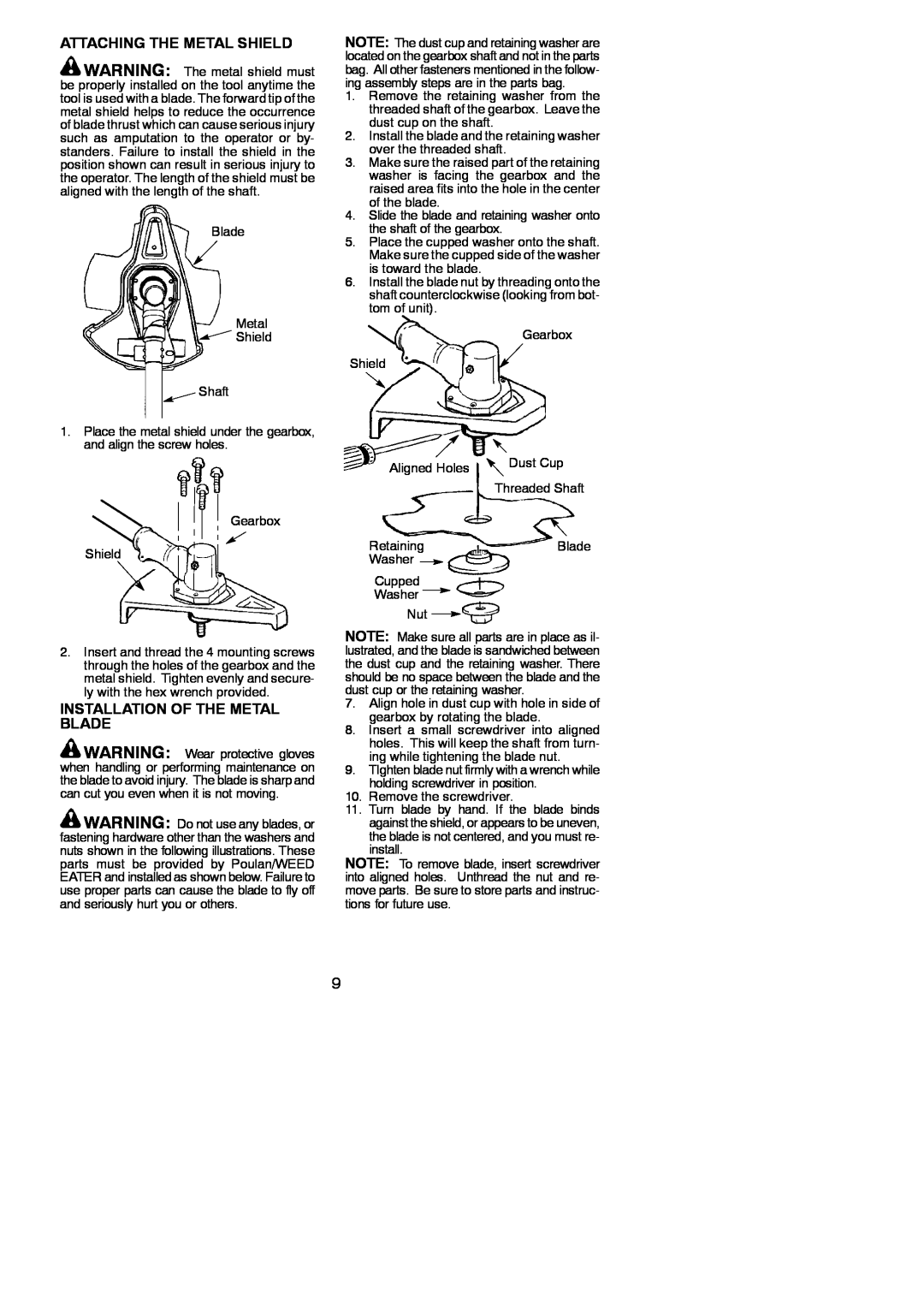 Poulan 545186843 instruction manual Attaching The Metal Shield, Installation Of The Metal Blade 