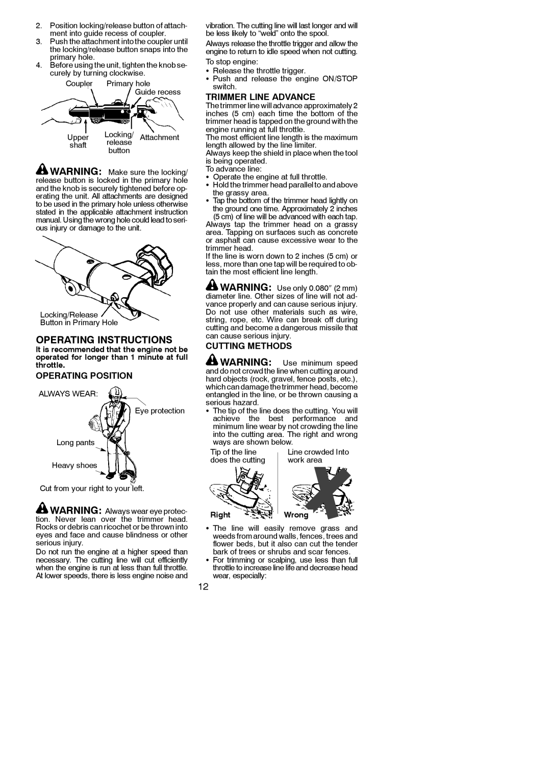 Poulan 545186845 Operating Position, Trimmer Line Advance, Cutting Methods, Locking/Release Button in Primary Hole 