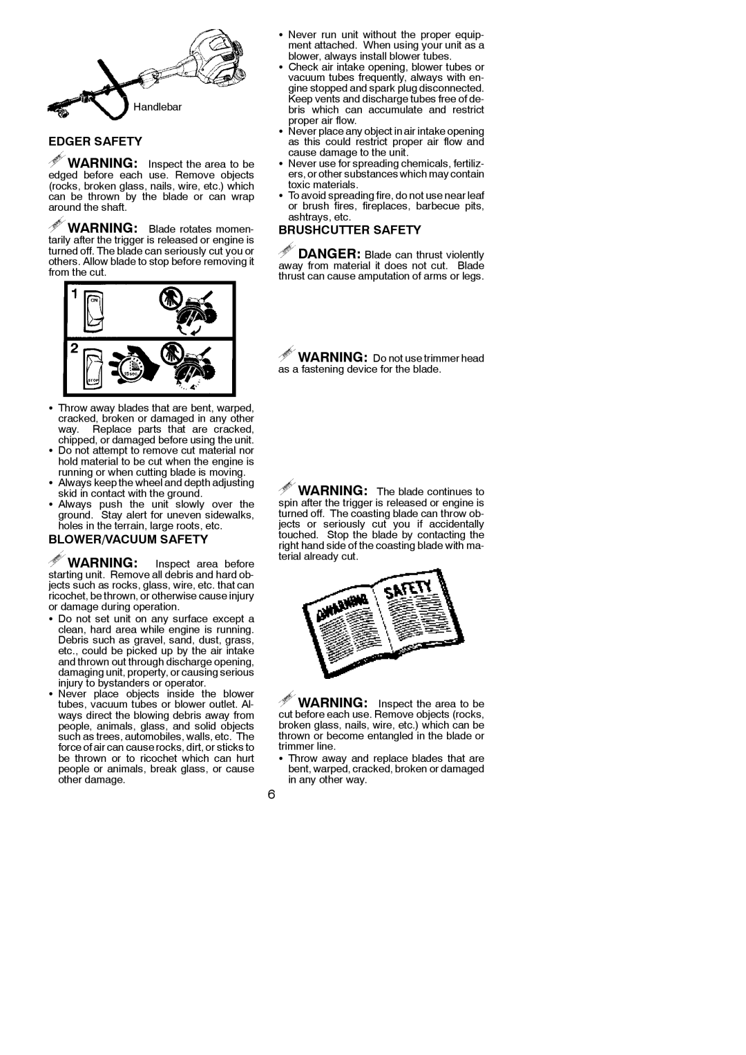 Poulan 545186845 instruction manual Edger Safety, BLOWER/VACUUM Safety, Brushcutter Safety, Handlebar 