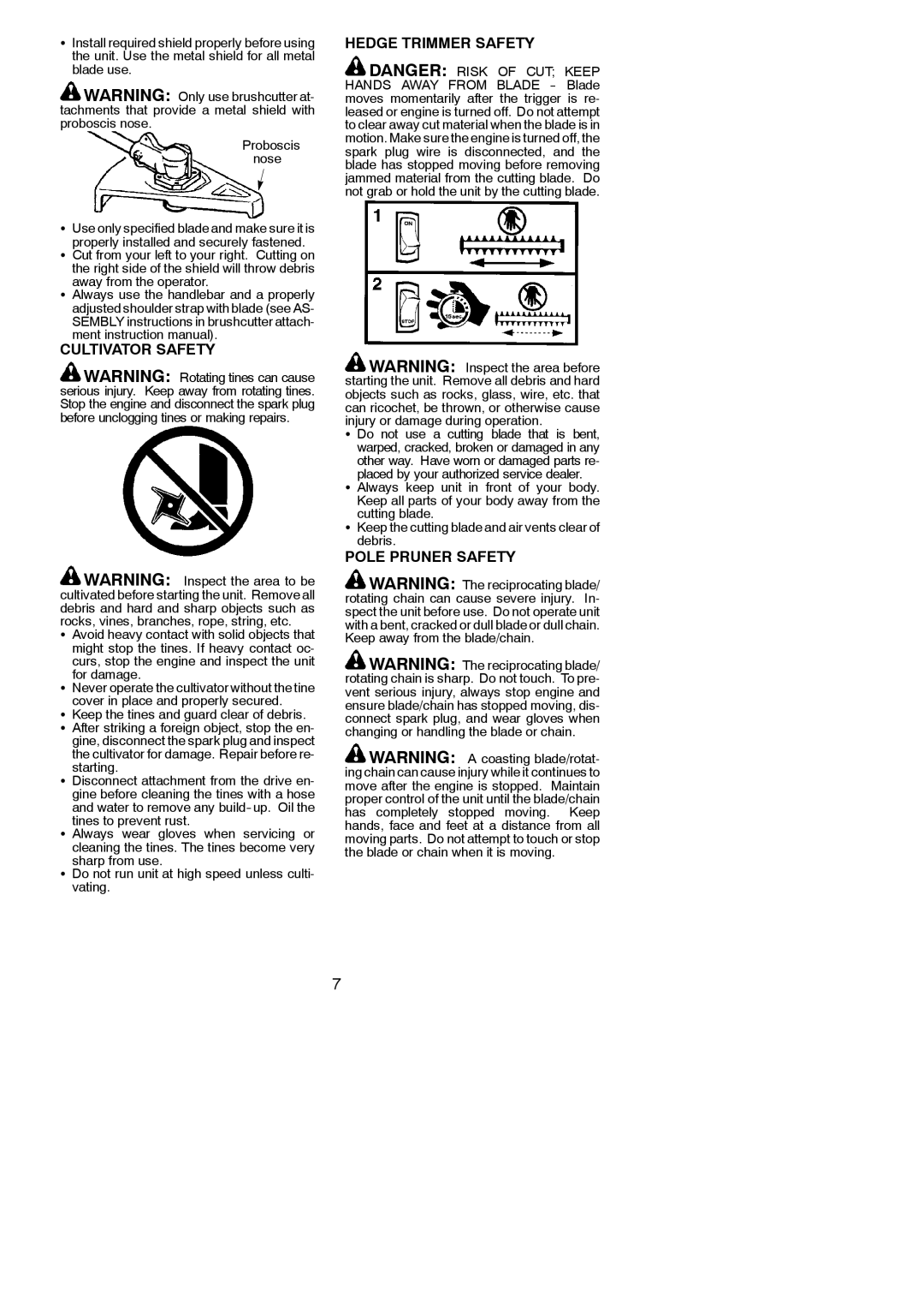 Poulan 545186845 instruction manual Cultivator Safety, Hedge Trimmer Safety, Pole Pruner Safety 