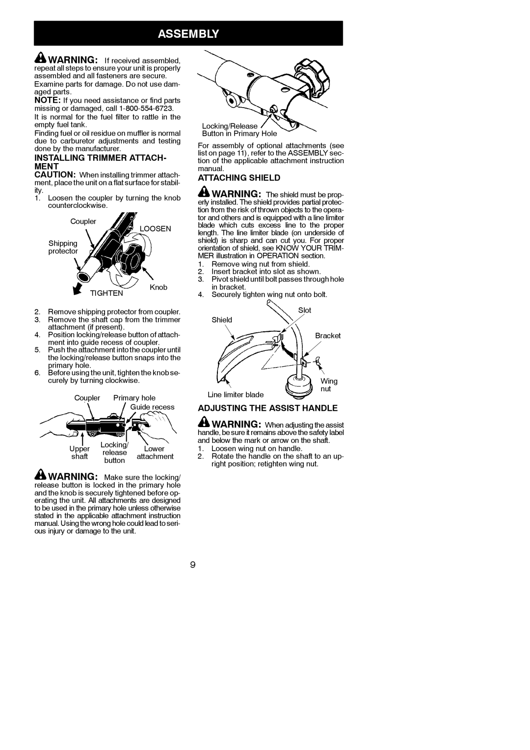 Poulan 545186845 Assembly, Installing Trimmer ATTACH- Ment, Attaching Shield, Adjusting the Assist Handle 