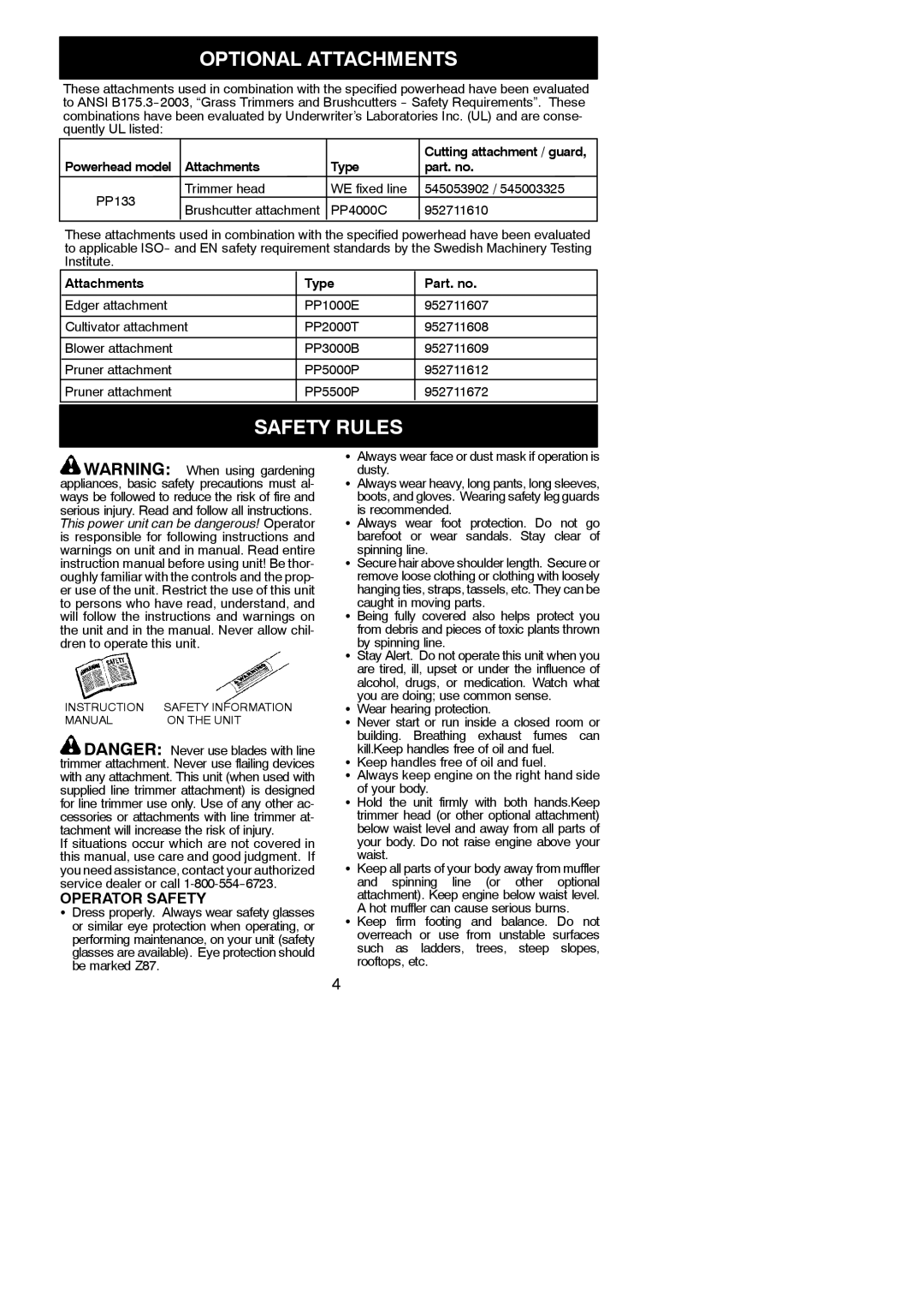 Poulan 545186846 instruction manual Optional Attachments, Safety Rules, Operator Safety 