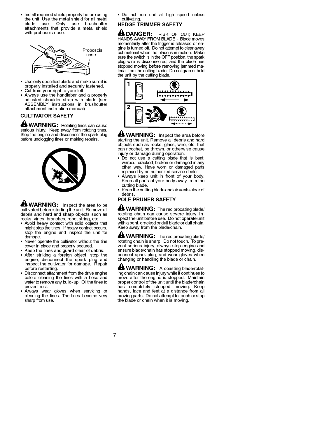 Poulan 545186846 instruction manual Cultivator Safety, Hedge Trimmer Safety, Pole Pruner Safety 