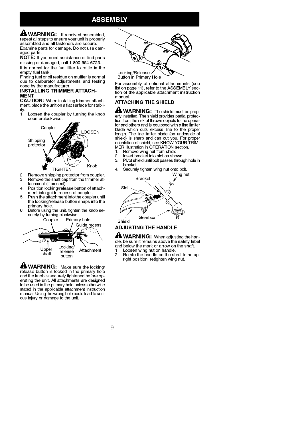 Poulan 545186846 instruction manual Assembly, Installing Trimmer ATTACH- Ment, Attaching the Shield, Adjusting the Handle 