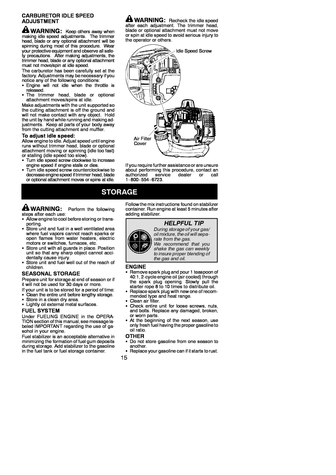 Poulan 545186846 Helpful Tip, Carburetor Idle Speed Adjustment, To adjust idle speed, Seasonal Storage, Fuel System 