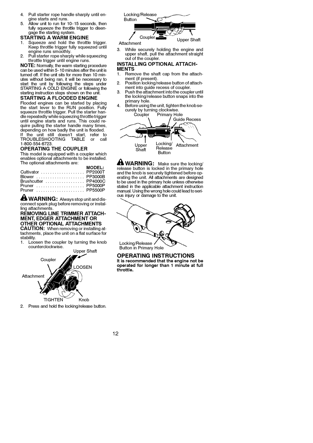 Poulan 545186849, PP25E Operating Instructions, Starting a Warm Engine, Starting a Flooded Engine, Operating the Coupler 