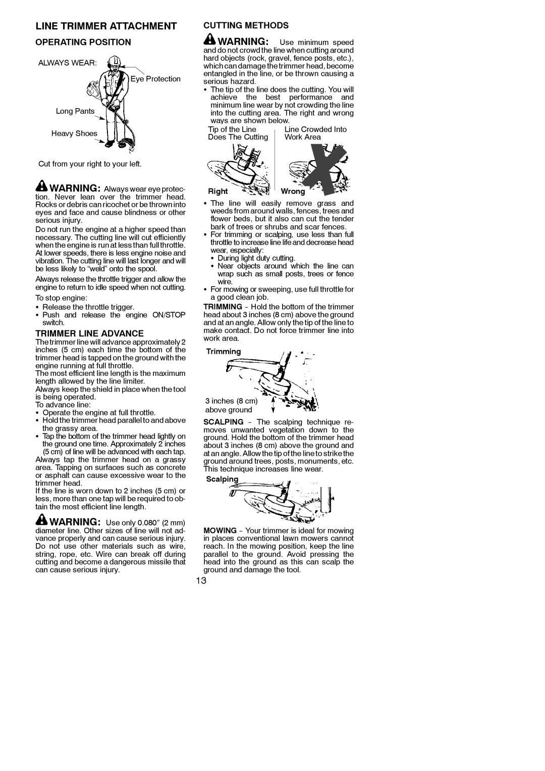 Poulan PP25E, 545186849 Line Trimmer Attachment, Operating Position, Trimmer Line Advance, Cutting Methods 