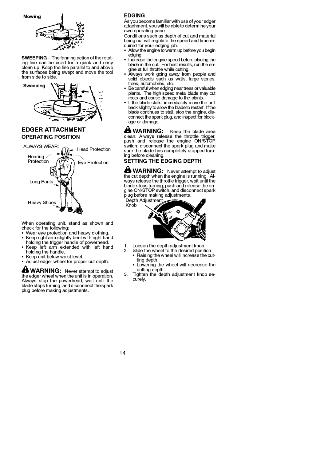 Poulan 545186849, PP25E instruction manual Edger Attachment, Setting the Edging Depth, Mowing, Sweeping 